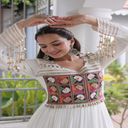 Women's Kutchi Gamthi Embroidered Navratri Gown with Mirror Work